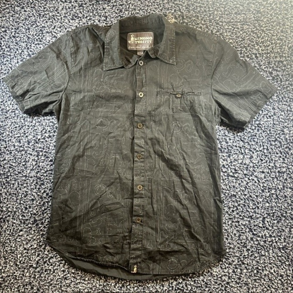 Hinano Tahiti Mens Black Cotton Graphic Print Short Sleeve Button Down Shirt M